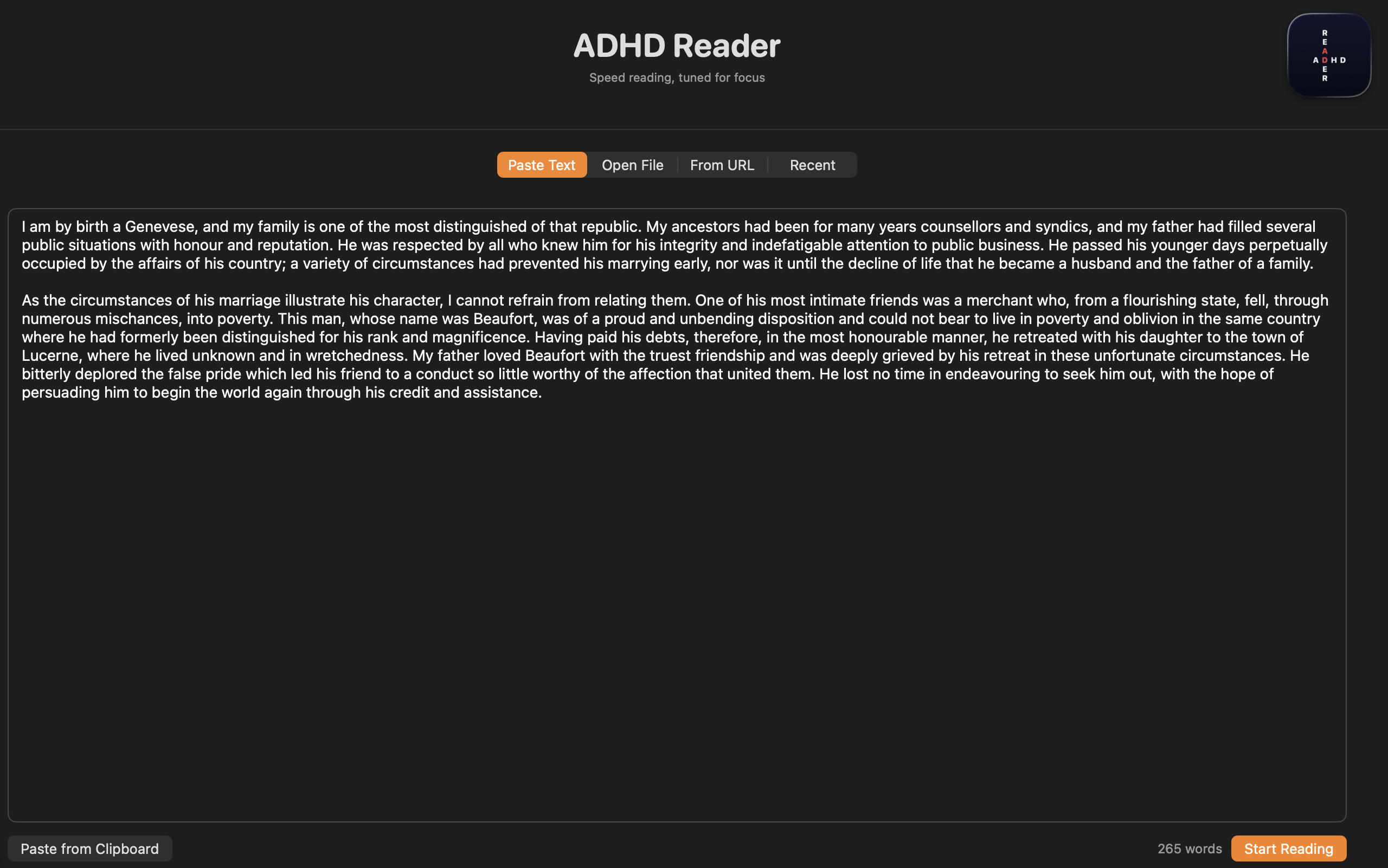ADHD Reader paste text — Frankenstein text pasted and ready to read at 265 words