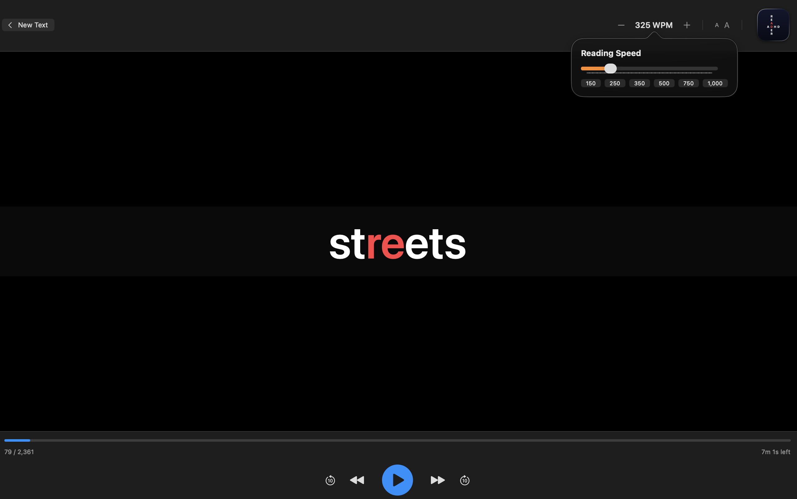 ADHD Reader speed control — reading speed slider showing 325 WPM with presets from 150 to 1,000