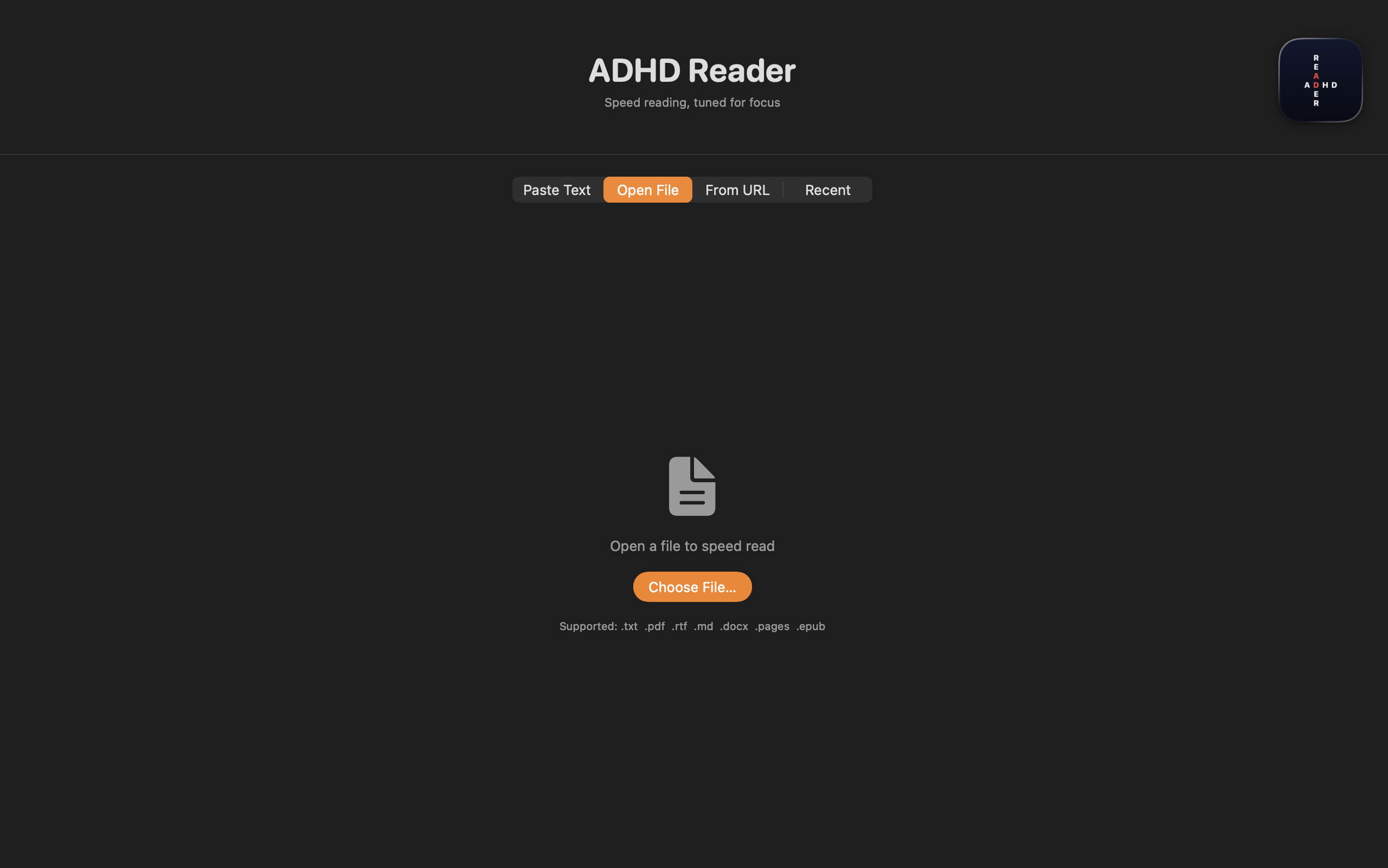 ADHD Reader open file — choose a file with supported formats .txt .pdf .rtf .md .docx .pages .epub